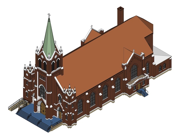 The building of the Catholic church, views from different sides. Three-dimensional illustration on a white background.