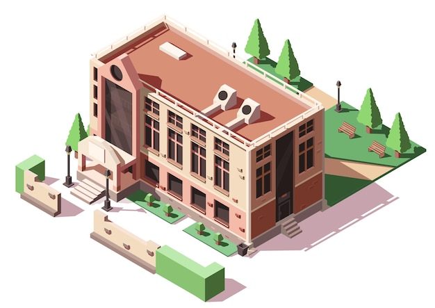 Vector building of college university school with park yard 3d element of city town urban infrastructure educational institution isometric vector illustration