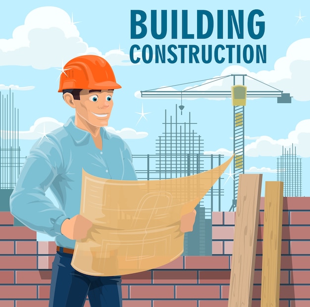 Building construction engineer, architect or contractor. Engineer in safety helmet looking on blueprint, architect studying building drawings and construction company contractor reading plan 