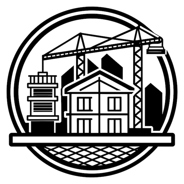 Building and crane icon Black and white illustration of building and crane icon