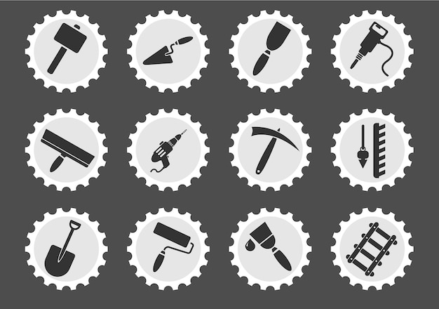 Building equipment icons on stylized round postage stamps