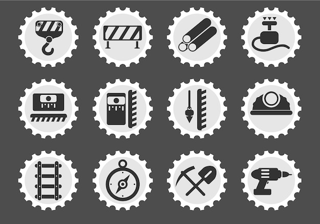 Building equipment icons on stylized round postage stamps