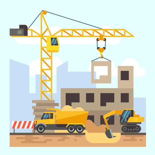 Building, house construction flat design concept with construction machines. Excavator and truck, ve