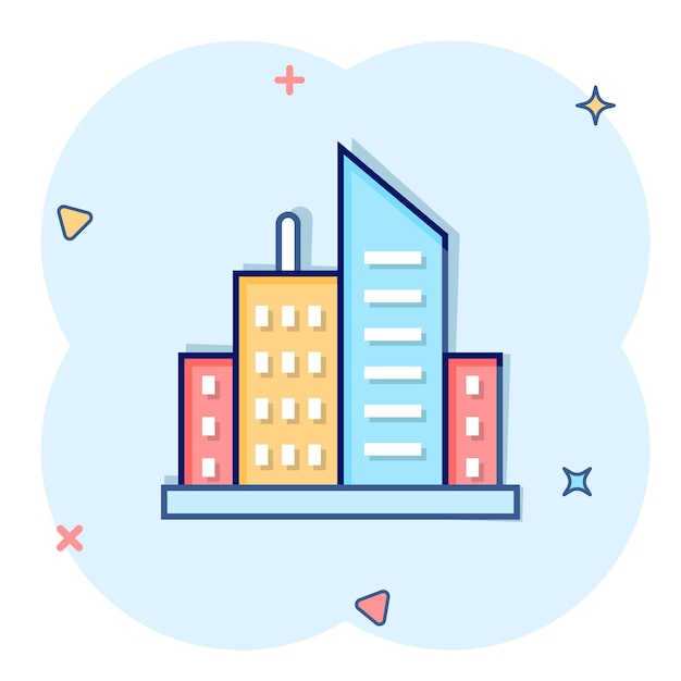 Building icon in comic style Town skyscraper apartment cartoon vector illustration on white isolated background City tower splash effect business concept