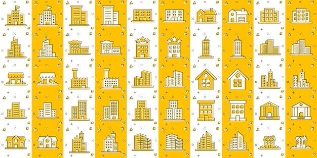 Building icon set in comic style Town skyscraper apartment cartoon vector illustration on white isolated background City tower splash effect business concept