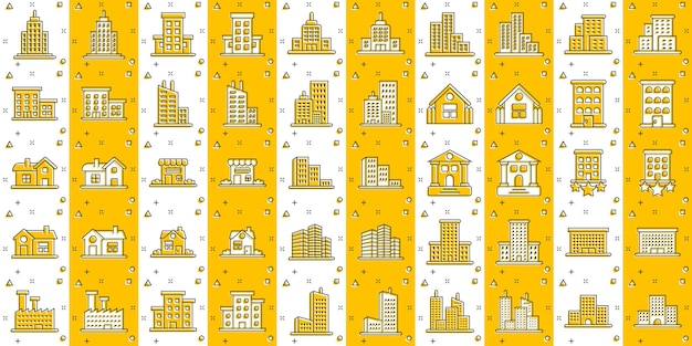 Building icon set in comic style Town skyscraper apartment cartoon vector illustration on white isolated background City tower splash effect business concept