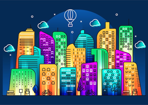 Building illustration design in line style with colorful background