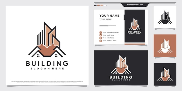 Building logo design illustration for construction with creative element and business card template