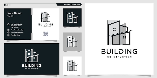 Building logo with unique line art style and business card design