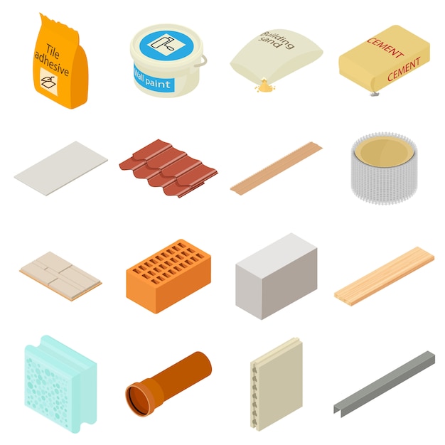 Building materials icons set. Isometric illustration of 16 building materials vector icons for web