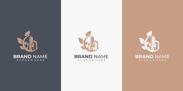 Building nature leaf logo design concept with business card design. building leaf logo designs