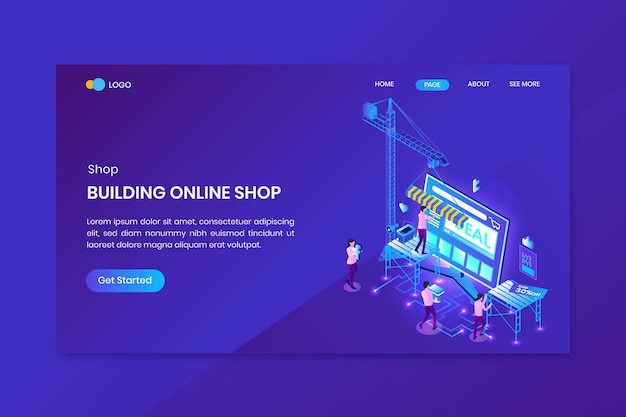 Building Online Shop Isometric Concept Landing Page