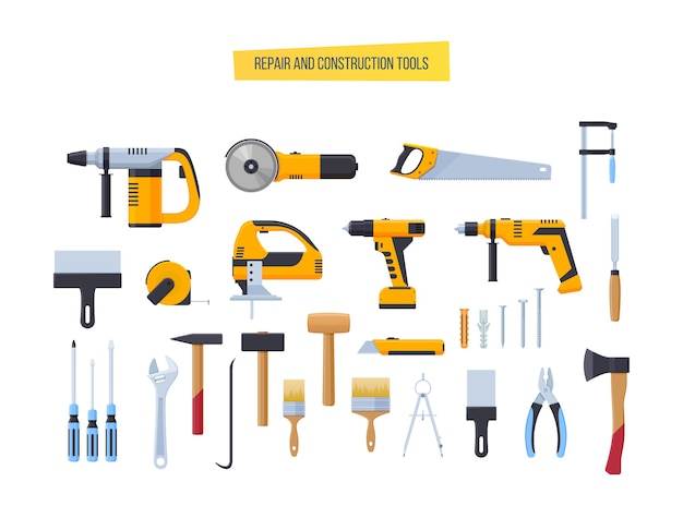 Building repair construction tools set with place for text. Drill, hammer, screwdriver, saw, file