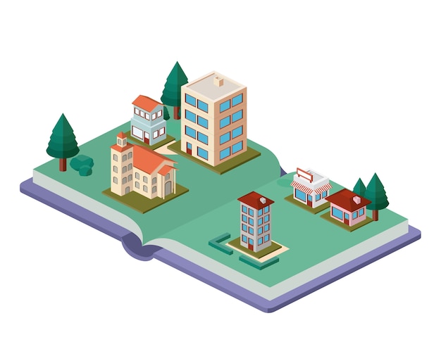 building and trees isometric scene on book