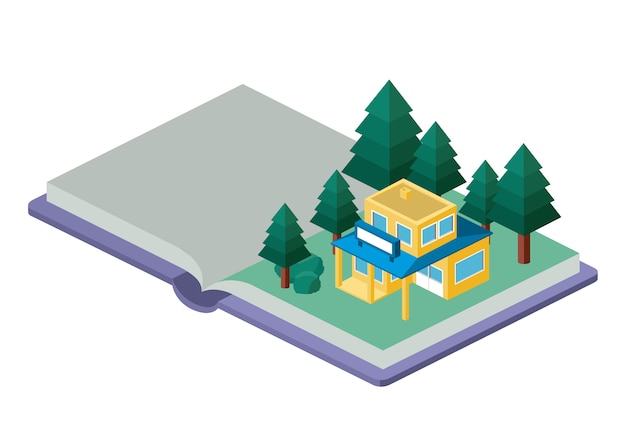 building and trees isometric scene on book