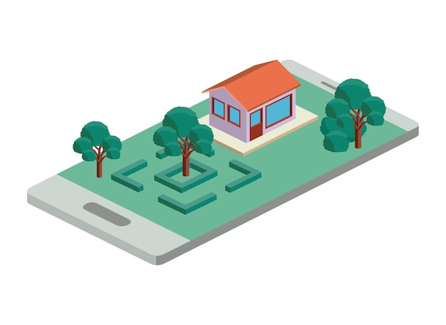 building and trees isometric scene on smartphone