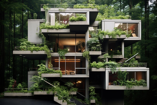 Vector a building with a green roof and a large window with plants on it