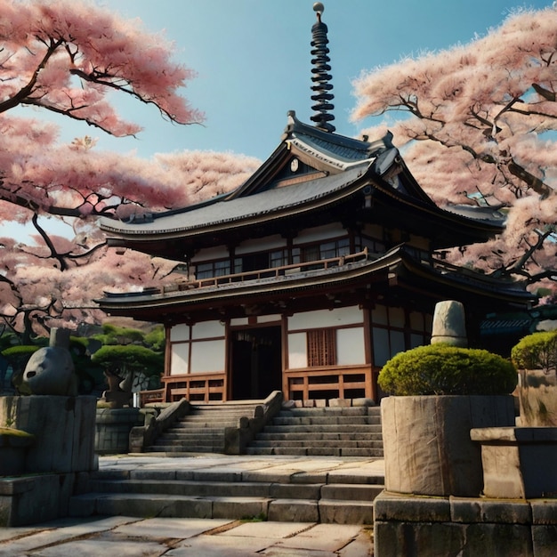 a building with a pink tree on the top of it