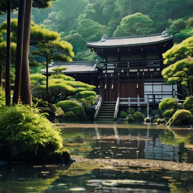 Vector a building with a pond and a small shrine in the background