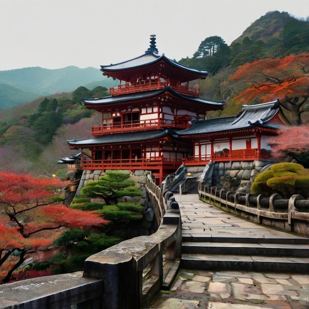 a building with a red roof is surrounded by trees