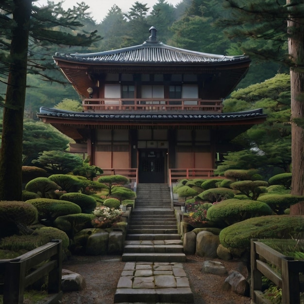 a building with a red roof and a stone walkway