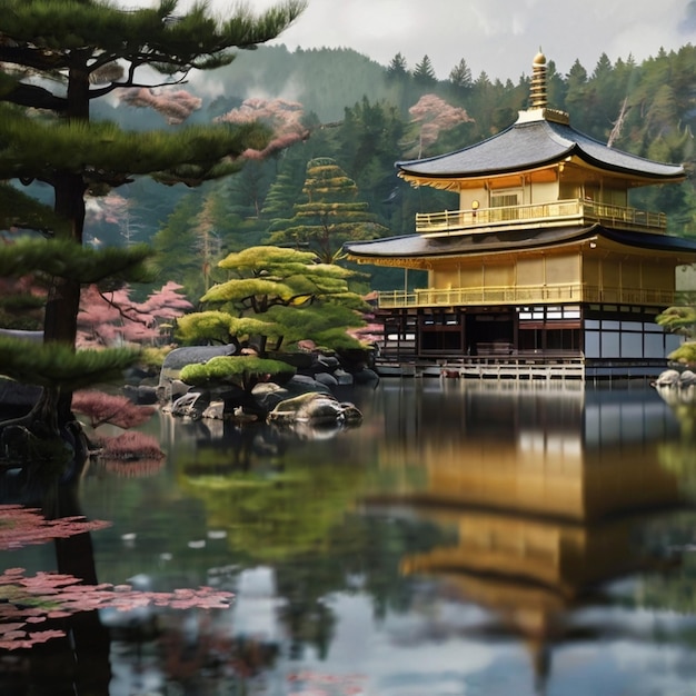 a building with a reflection of a pagoda in the water