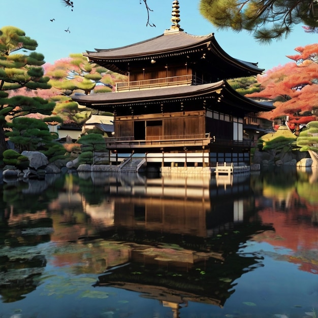 a building with a reflection of a pagoda in the water