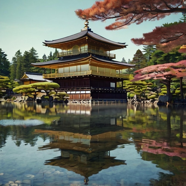 a building with a reflection of a pagoda in the water