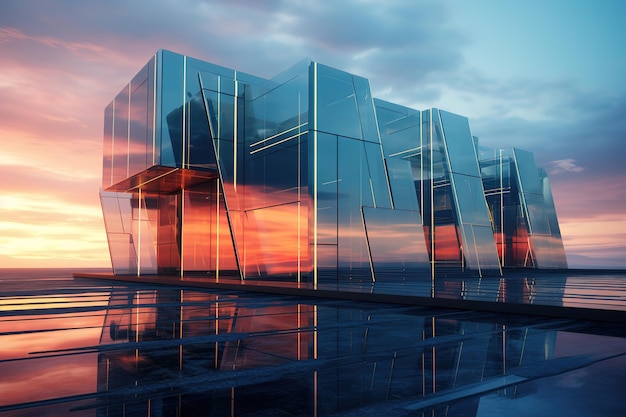 a building with a sunset in the background