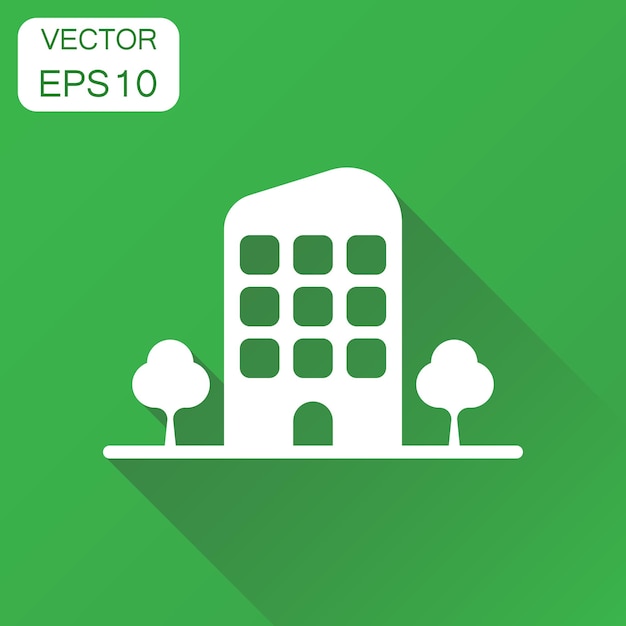 Vector building with trees icon business concept building pictogram vector illustration on green background with long shadow