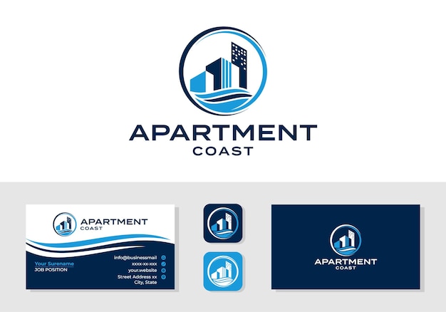 Building with wave. Apartment coast logo and business card design template