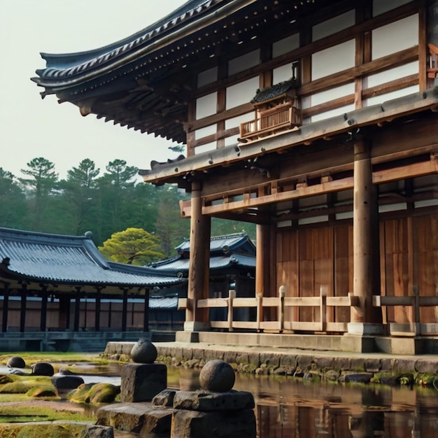 a building with a wooden roof and a large building with a large number of asian writing on the front