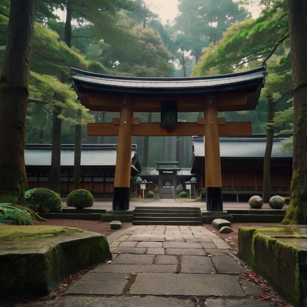 Vector a building with a wooden roof and a large wooden structure with a sign that says  sushi