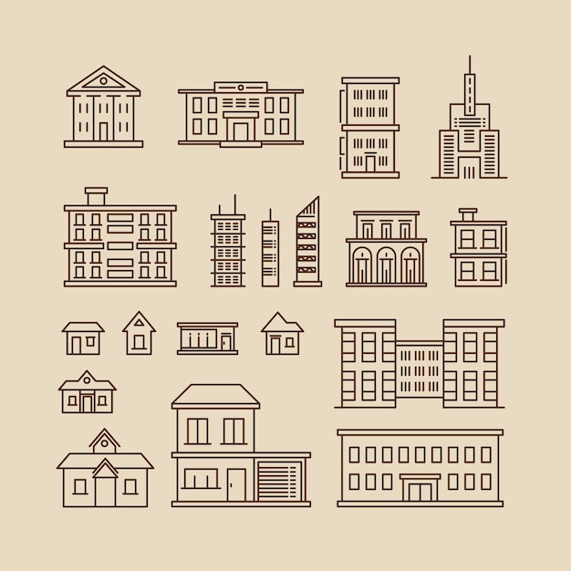 Buildings line thin vector icons