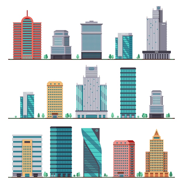 Buildings and modern city houses flat icons. Set of building office city