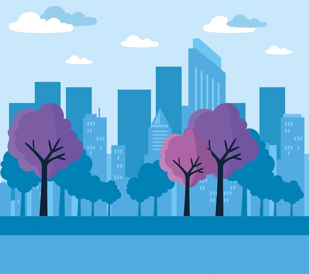 Vector buildings urban scene with tree plants  illustration 