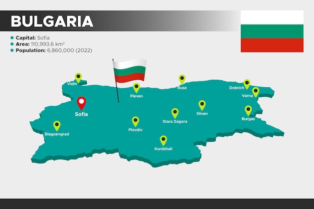 Bulgaria isometric 3d illustration map Flag capital cities area population and map of Bulgaria