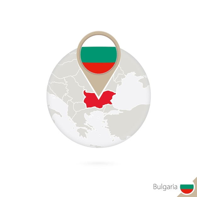 Bulgaria map and flag in circle. Map of Bulgaria, Bulgaria flag pin. Map of Bulgaria in the style of the globe. Vector Illustration.