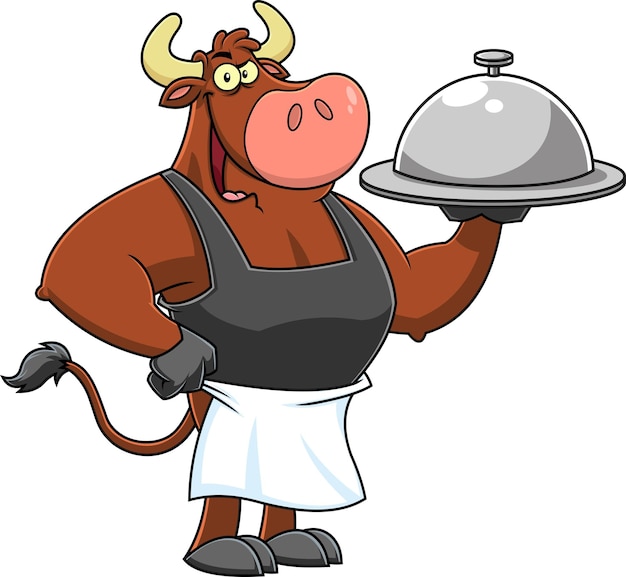 Bull Chef Cartoon Mascot Character Holding A Silver Platter. Vector Hand Drawn Illustration