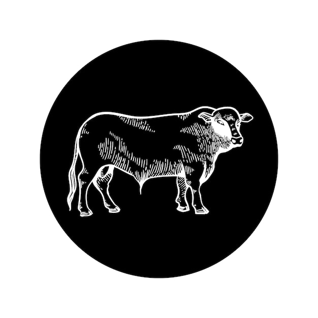 Bull icon on a black background looks forward Engraved drawing sketch For agriculture cattle breeding and beef