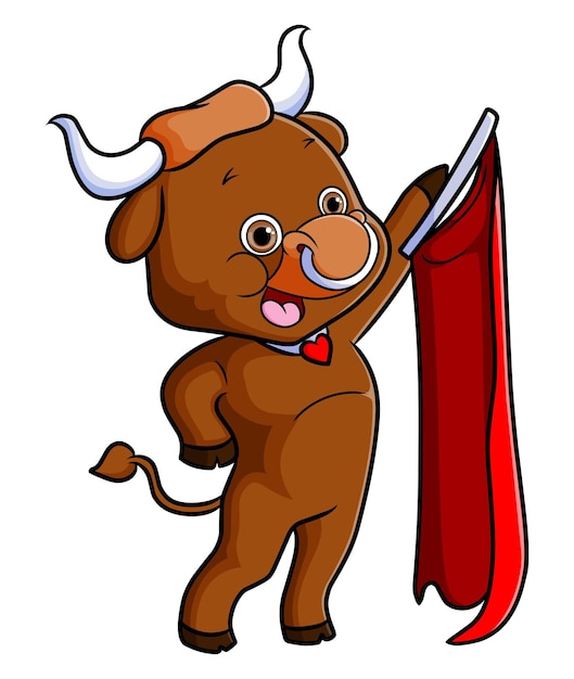 The bull is standing while holding a red flag of illustration