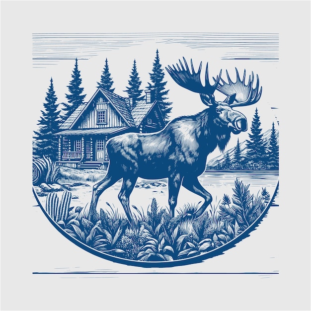 Bull Moose wildlife hunting Moose In Mountains home tree Moose Rustic Log vector