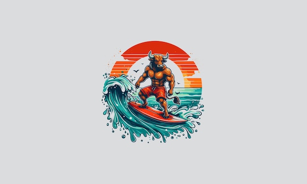 bull playing surfing on sea vector flat design