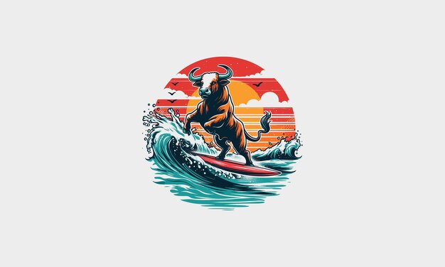 bull playing surfing on sea vector flat design