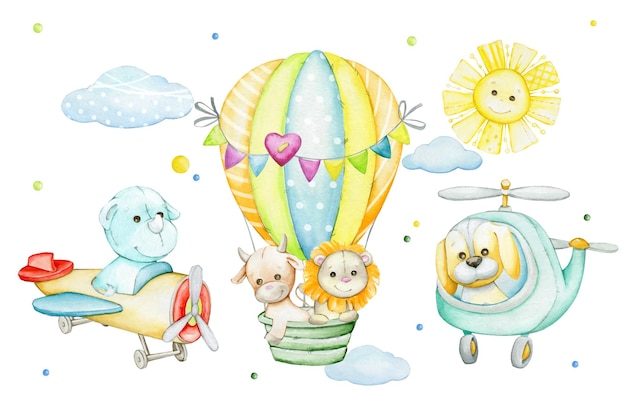 bull rhinoceros lion dog sun animals balloon helicopter airplane clouds Watercolor set of cliparts in cartoon style on an isolated background