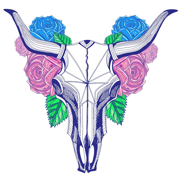 Vector bull skull and roses graphic arts