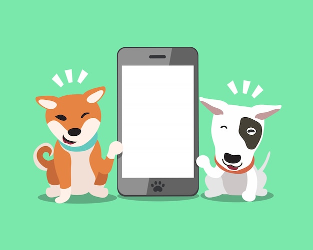 Bull terrier dog and shiba inu dog with smartphone