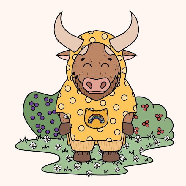 Bull with raincoat on the green landscape with flowers vector art