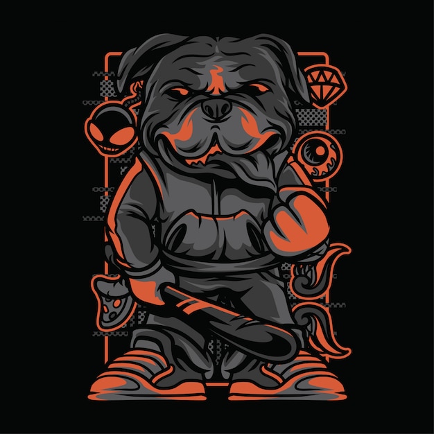 Bulldog Bat Neon Grayscale Illustration