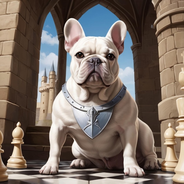 a bulldog is sitting on a chess board with a blue ribbon around its neck